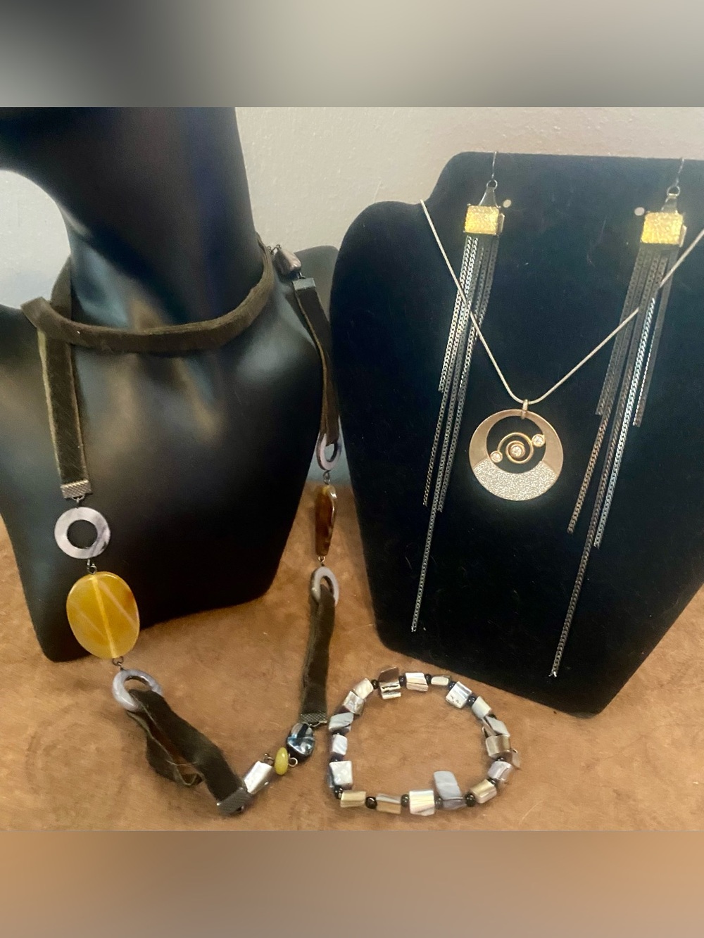 Gold  Circle Pendant Necklace, long boho velvet chunky lucite stones, bracelet